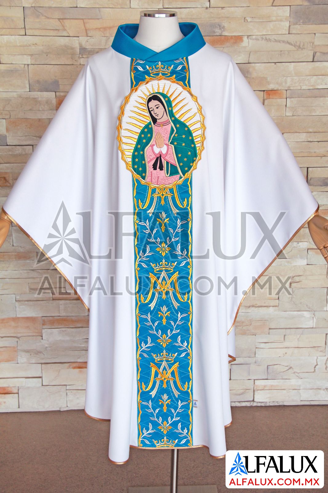 28 MARIA REINA Alfalux Casulla Central Blanco Azul Turqueza Medallon Virgen 210 (1)